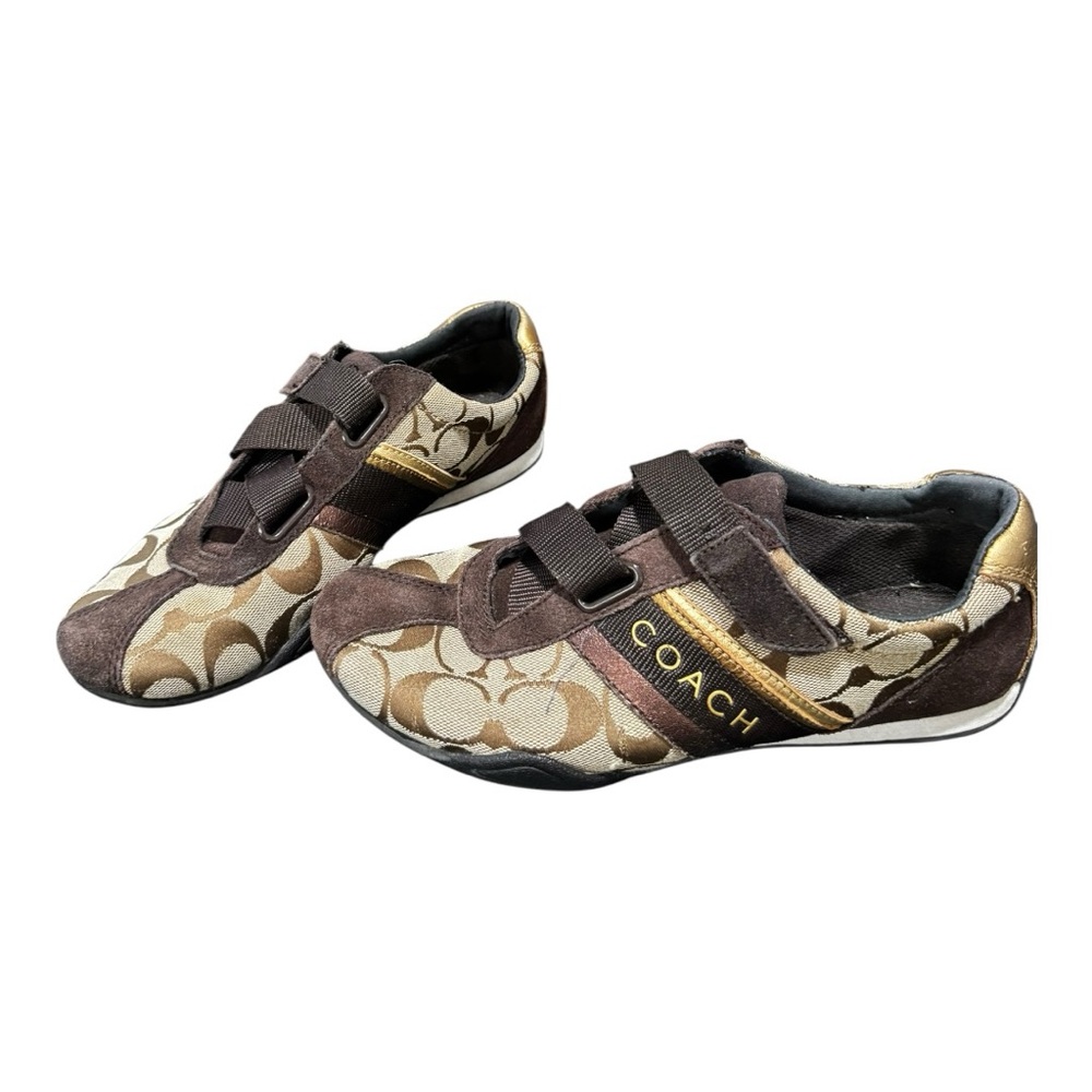 Coach Signature Monogram Sneakers Brown/Gold Velcro Strap Size 7 - Picture 7 of 11